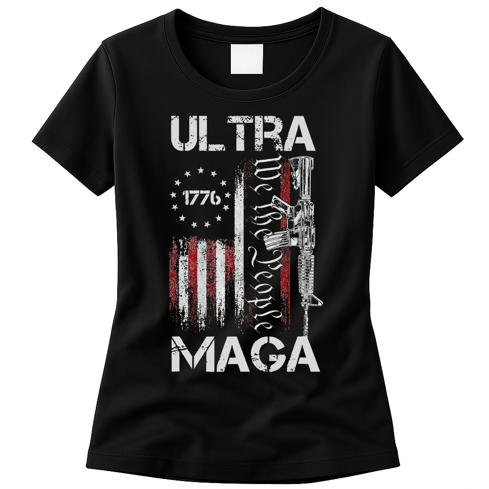 Vintage USA Flag Ultra Maga Gun USA 4th Of July Trump 2024 Womens T-Shirt