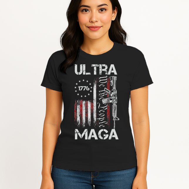 Vintage USA Flag Ultra Maga Gun USA 4th Of July Trump 2024 Womens T-Shirt