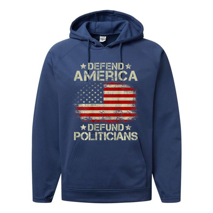 Vintage USA Flag Defend America Defund Politicians Performance Fleece Hoodie