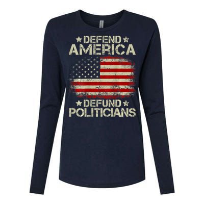 Vintage USA Flag Defend America Defund Politicians Womens Cotton Relaxed Long Sleeve T-Shirt