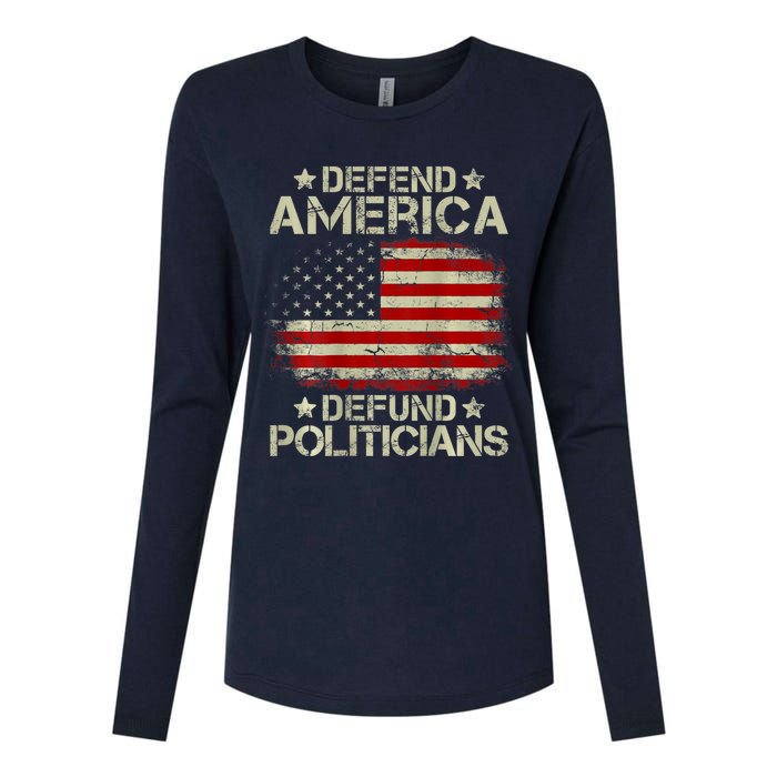 Vintage USA Flag Defend America Defund Politicians Womens Cotton Relaxed Long Sleeve T-Shirt