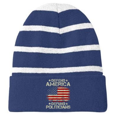 Vintage USA Flag Defend America Defund Politicians Striped Beanie with Solid Band