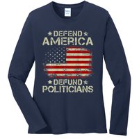 Vintage USA Flag Defend America Defund Politicians Ladies Long Sleeve Shirt