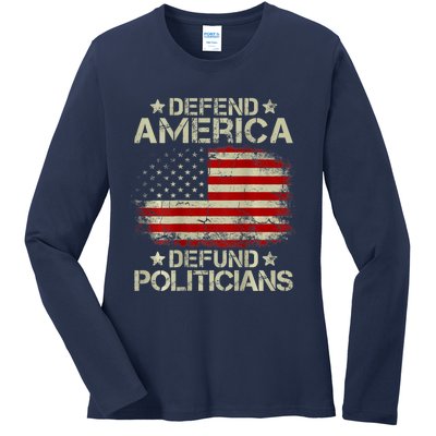 Vintage USA Flag Defend America Defund Politicians Ladies Long Sleeve Shirt