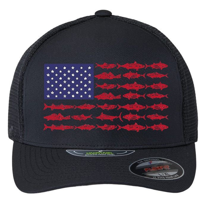 Vintage USA Fish American Flag Fishing Gifts ABS001 Flexfit Unipanel Trucker Cap