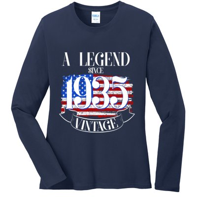 Vintage Usa Flag A Legend Since 1935 90th Birthday Ladies Long Sleeve Shirt