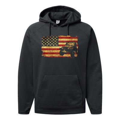 Vintage US Flag Off Road Vehicle 4x4 Off Road Performance Fleece Hoodie