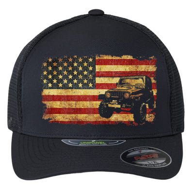 Vintage US Flag Off Road Vehicle 4x4 Off Road Flexfit Unipanel Trucker Cap