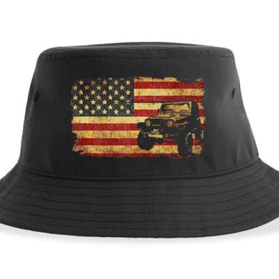 Vintage US Flag Off Road Vehicle 4x4 Off Road Sustainable Bucket Hat