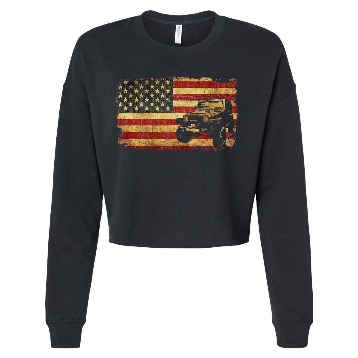 Vintage US Flag Off Road Vehicle 4x4 Off Road Cropped Pullover Crew