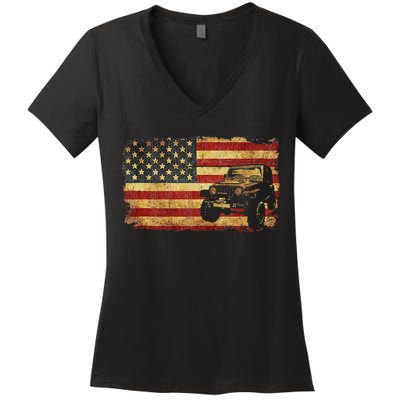 Vintage US Flag Off Road Vehicle 4x4 Off Road Women's V-Neck T-Shirt