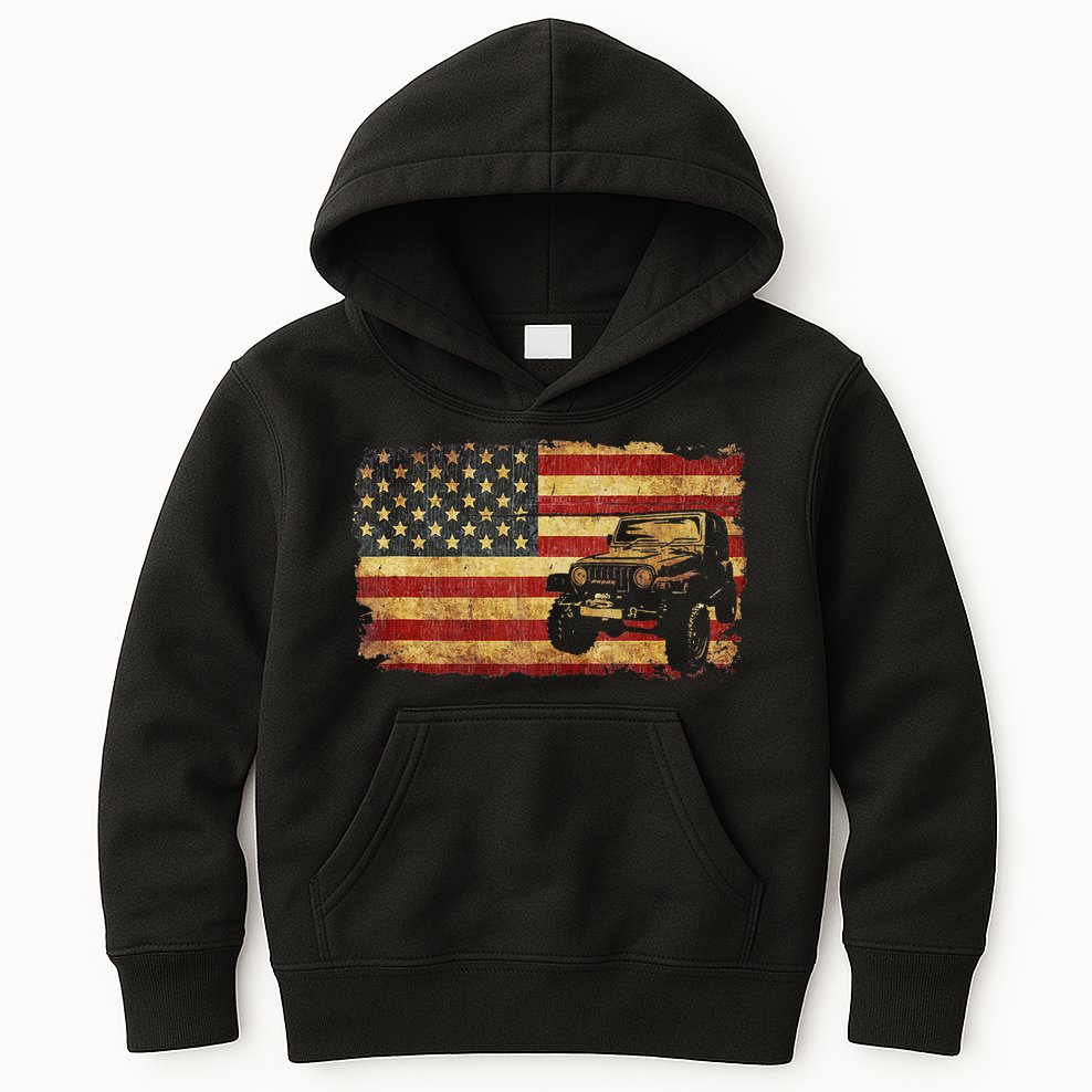 Vintage US Flag Off Road Vehicle 4x4 Off Road Kids Hoodie