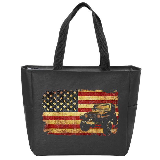 Vintage US Flag Off Road Vehicle 4x4 Off Road Zip Tote Bag