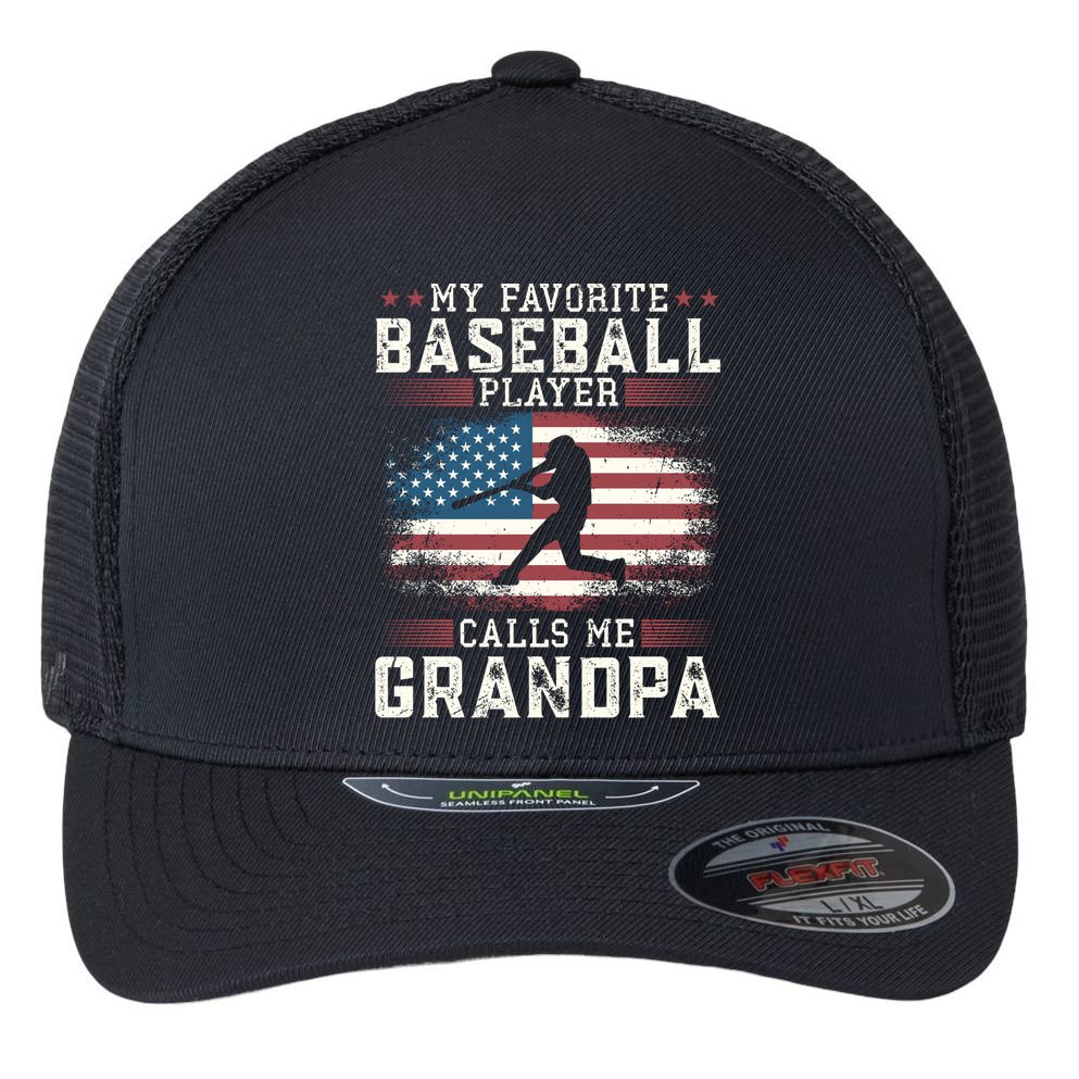 Vintage Usa Flag Design My Favorite Baseball Player Grandpa Gift Flexfit Unipanel Trucker Cap