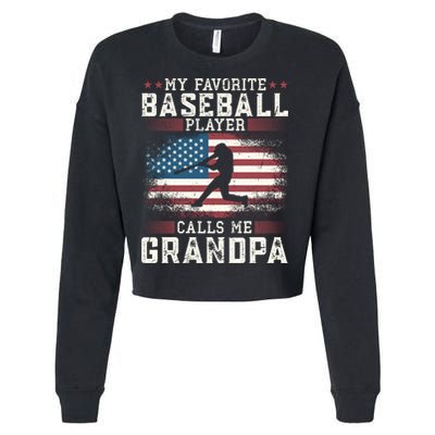Vintage Usa Flag Design My Favorite Baseball Player Grandpa Gift Cropped Pullover Crew