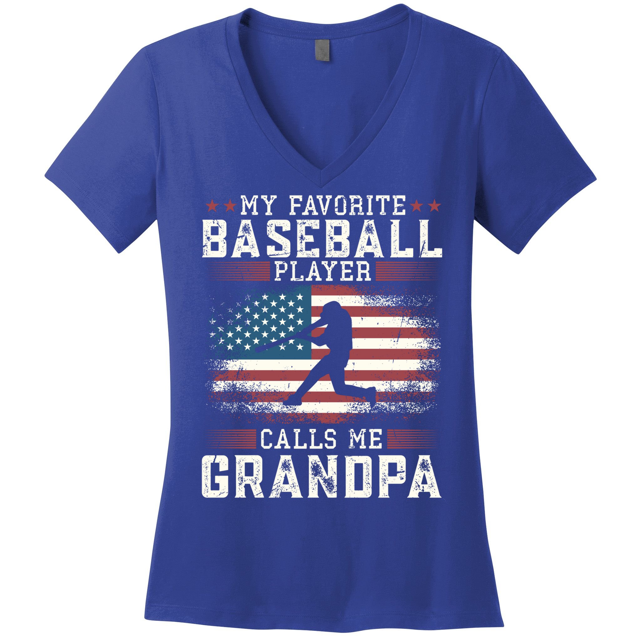 Vintage Usa Flag Design My Favorite Baseball Player Grandpa Gift Women's V-Neck T-Shirt