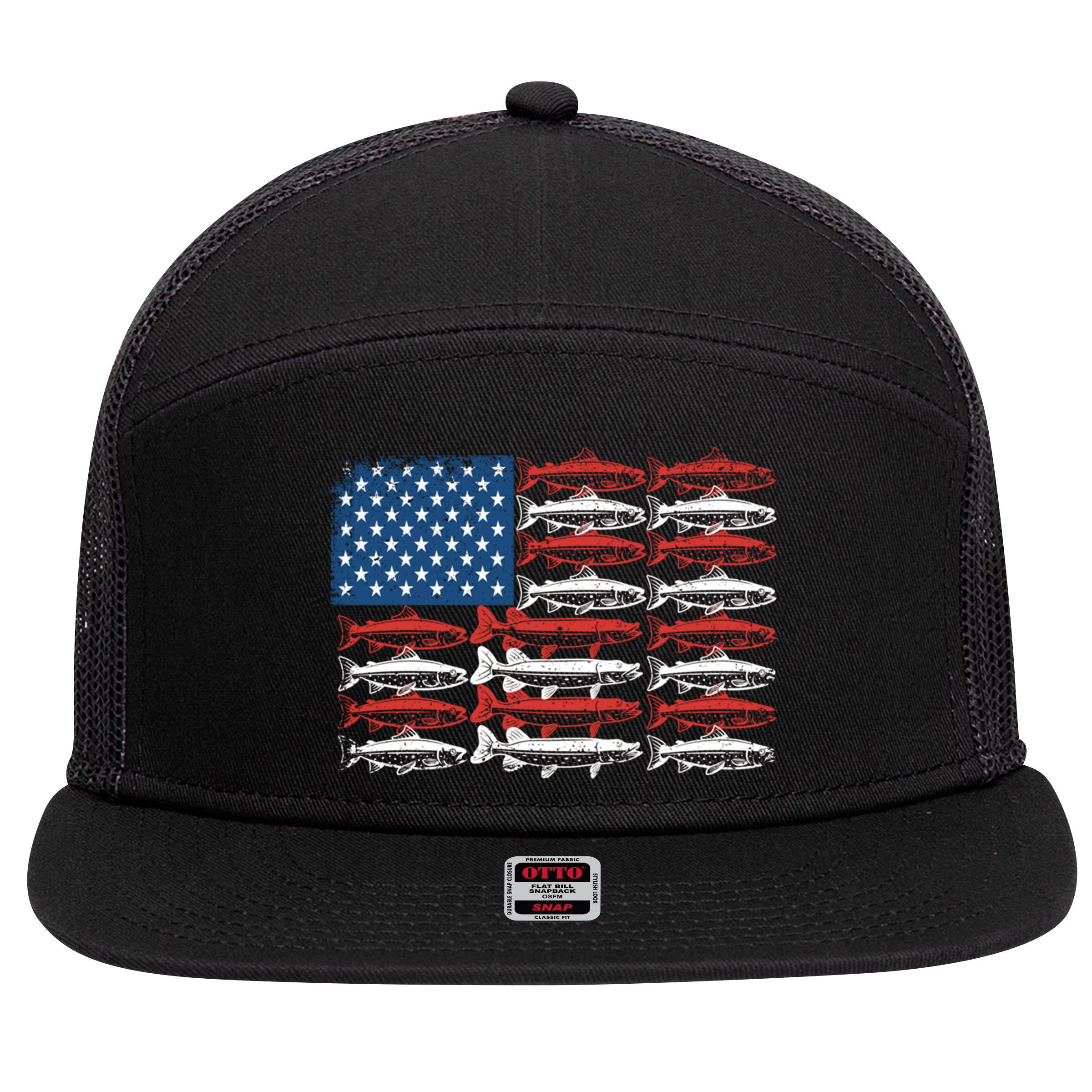 Vintage Usa Fish American Flag Fishing Patriotic Fisher Cool Gift 7 Panel Mesh Trucker Snapback Hat