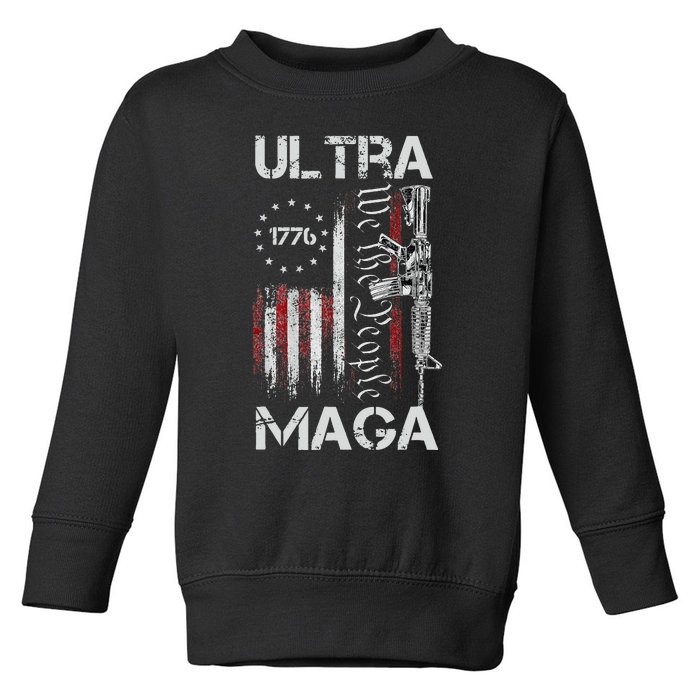 Vintage USA Flag Ultra Maga Gun USA 4th Of July Trump 2024 Toddler Sweatshirt