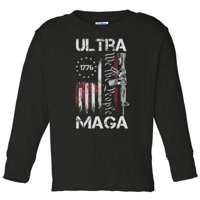 Vintage USA Flag Ultra Maga Gun USA 4th Of July Trump 2024 Toddler Long Sleeve Shirt