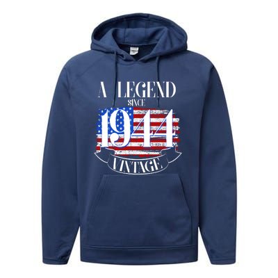 Vintage Usa Flag A Legend Since 1944 80th Birthday Performance Fleece Hoodie