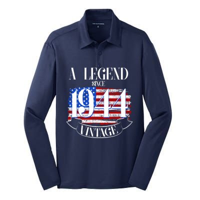 Vintage Usa Flag A Legend Since 1944 80th Birthday Silk Touch Performance Long Sleeve Polo