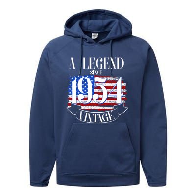 Vintage Usa Flag A Legend Since 1954 70th Birthday Performance Fleece Hoodie