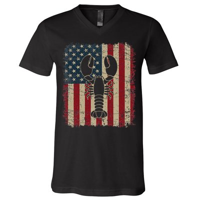 Vintage USA Flag Lobster Animals Lover Sea Fathers Day V-Neck T-Shirt