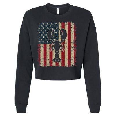 Vintage USA Flag Lobster Animals Lover Sea Fathers Day Cropped Pullover Crew