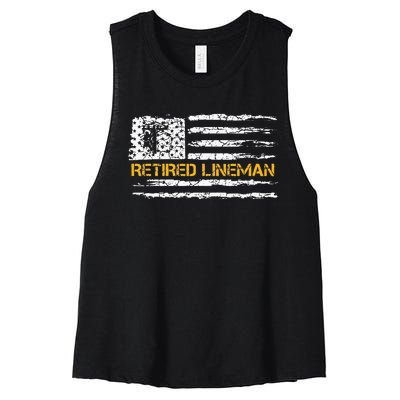 Vintage USA Flag Retired Electric Cable Lineman Retirement Women's Racerback Cropped Tank