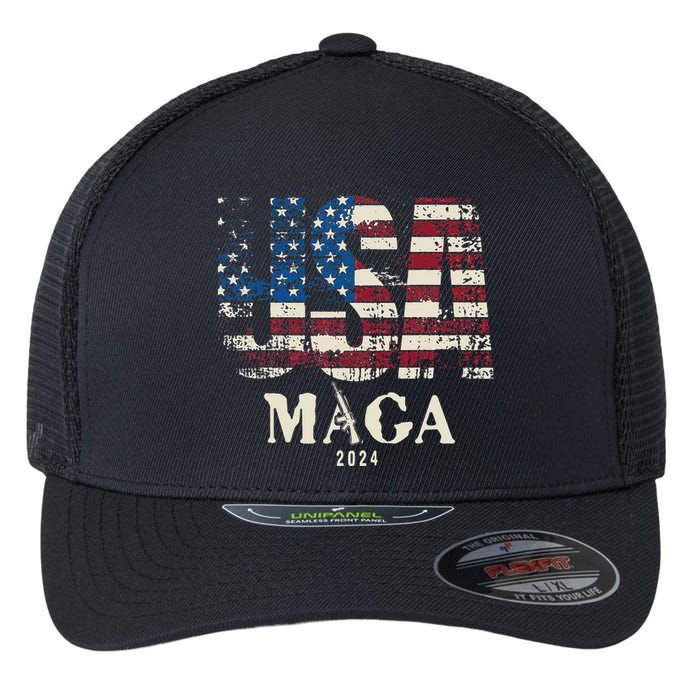 Vintage Usa Flag Ultra Maga Gun Usa 4th Of July Trump 2024 Flexfit Unipanel Trucker Cap