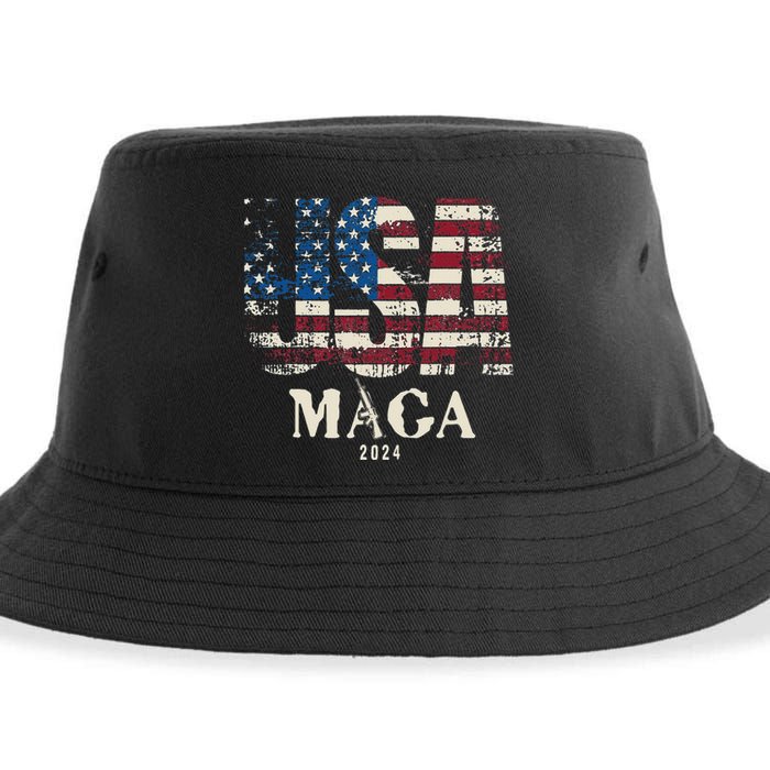 Vintage Usa Flag Ultra Maga Gun Usa 4th Of July Trump 2024 Sustainable Bucket Hat