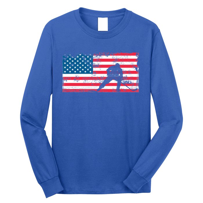 Vintage Us Flag Hockey Player Great Gift American Flag Gift Long Sleeve Shirt