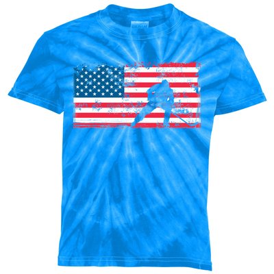 Vintage Us Flag Hockey Player Great Gift American Flag Gift Kids Tie-Dye T-Shirt