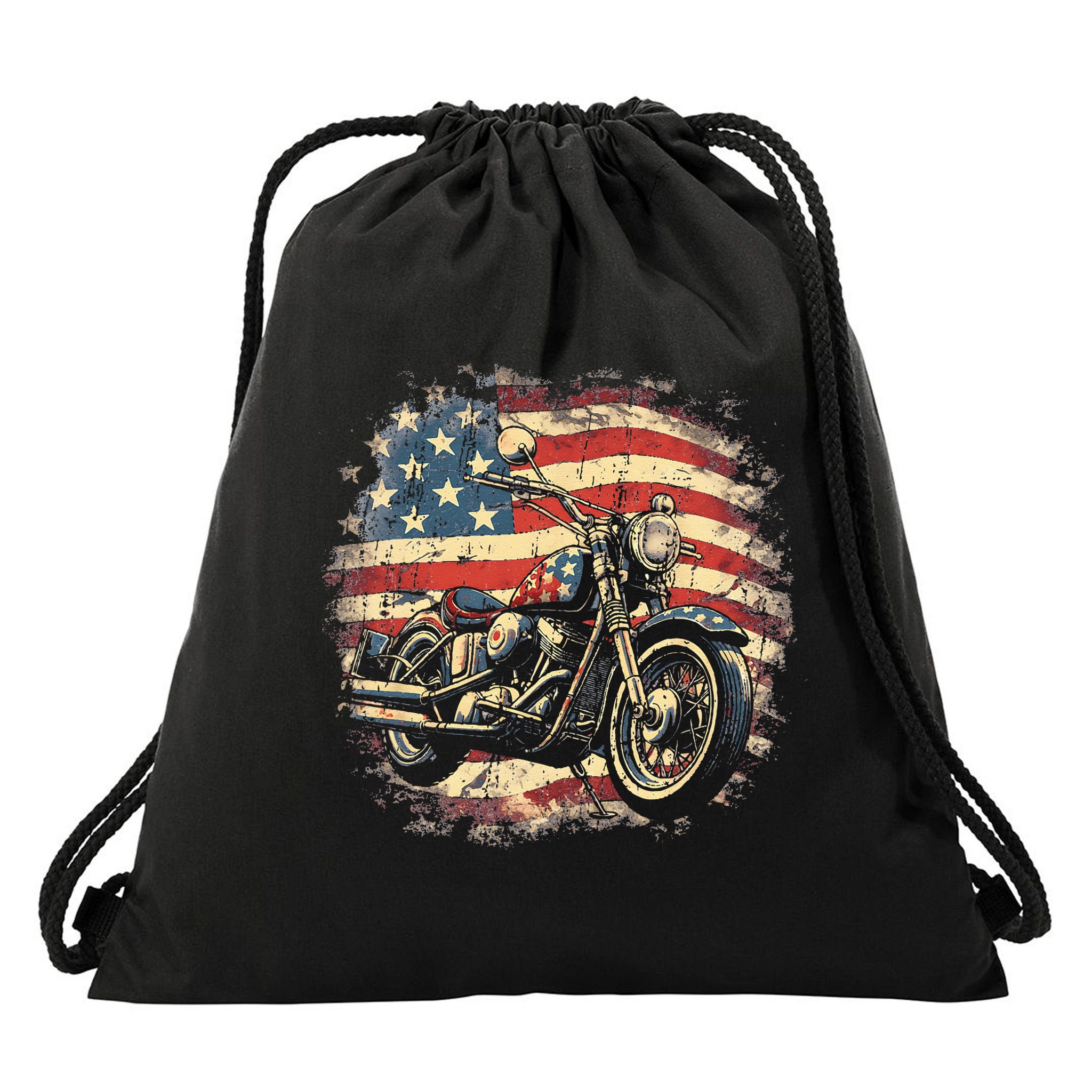 Vintage US Flag Motorcycle USA Retro Biker Drawstring Bag