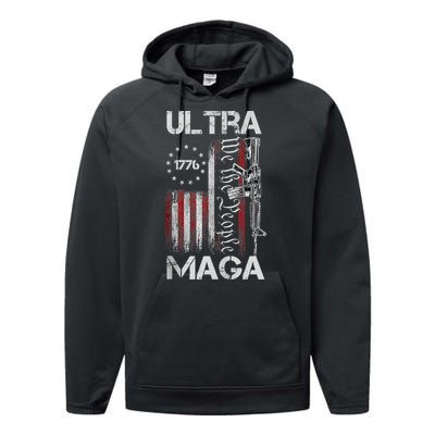 Vintage Usa Flag Ultra Maga Gun Usa Performance Fleece Hoodie