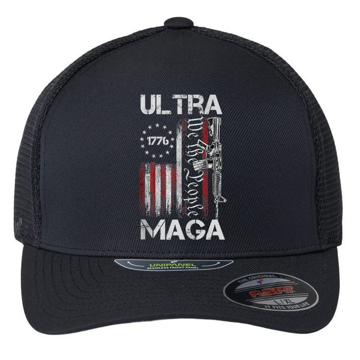 Vintage Usa Flag Ultra Maga Gun Usa Flexfit Unipanel Trucker Cap