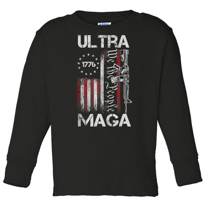 Vintage Usa Flag Ultra Maga Gun Usa Toddler Long Sleeve Shirt