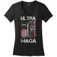 Vintage Usa Flag Ultra Maga Gun Usa Women's V-Neck T-Shirt