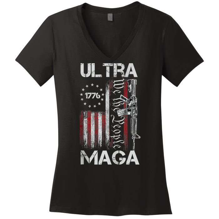 Vintage Usa Flag Ultra Maga Gun Usa Women's V-Neck T-Shirt