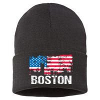 Vintage Us Flag American City Skyline Boston Massachusetts Sustainable Knit Beanie