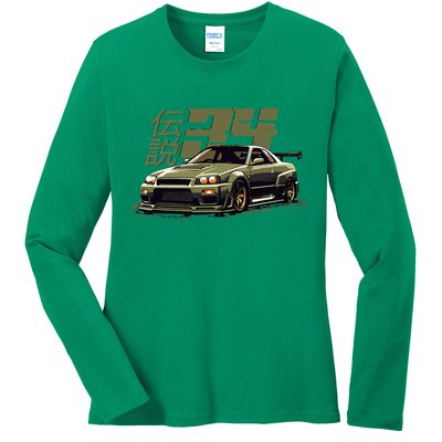 Vintage Urban Green Legendary Skyline R34 Jdm Ladies Long Sleeve Shirt