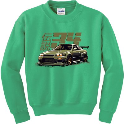 Vintage Urban Green Legendary Skyline R34 Jdm Kids Sweatshirt