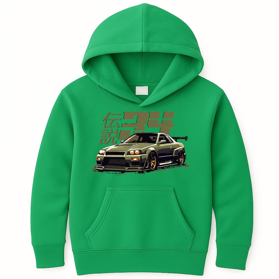 Vintage Urban Green Legendary Skyline R34 Jdm Kids Hoodie
