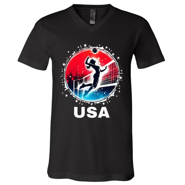 Volleyball Usa Go Usa Team U.S.A Flag Women Volleyball V-Neck T-Shirt