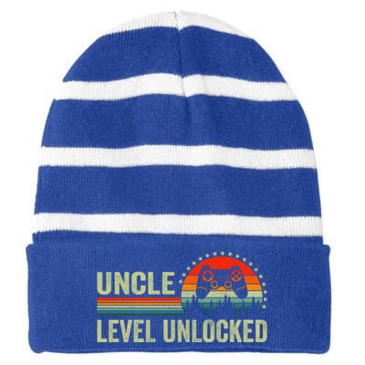 Vintage Uncle Level Unlocked Video Gamer Uncle Fathers Day Great Gift Striped Beanie with Solid Band