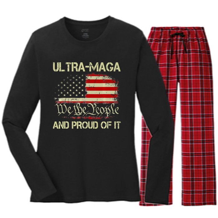 Vintage Ultra Maga And Proud Of It We The People Usa Flag Women's Long Sleeve Flannel Pajama Set 