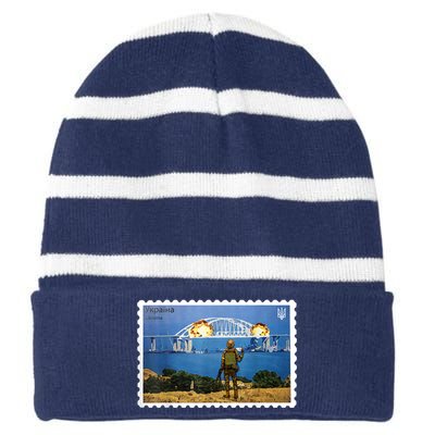 Vintage Ukraine Stamp Crimea Bridge Peninsula Ukraine Striped Beanie with Solid Band