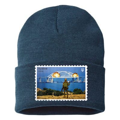 Vintage Ukraine Stamp Crimea Bridge Peninsula Ukraine Sustainable Knit Beanie