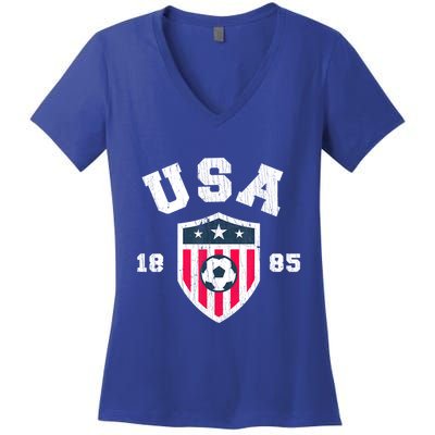 Vintage USA Soccer 1885 American Flag Football Women's V-Neck T-Shirt
