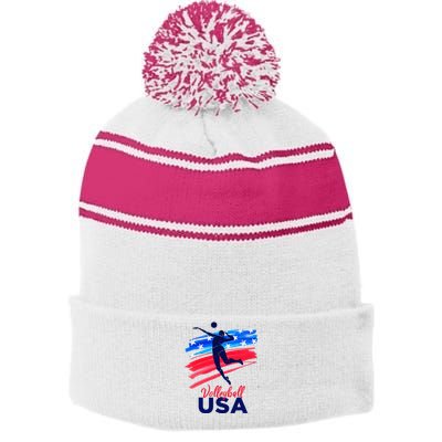 Volleyball Usa Support The Team U.S.A Flag Stripe Pom Pom Beanie